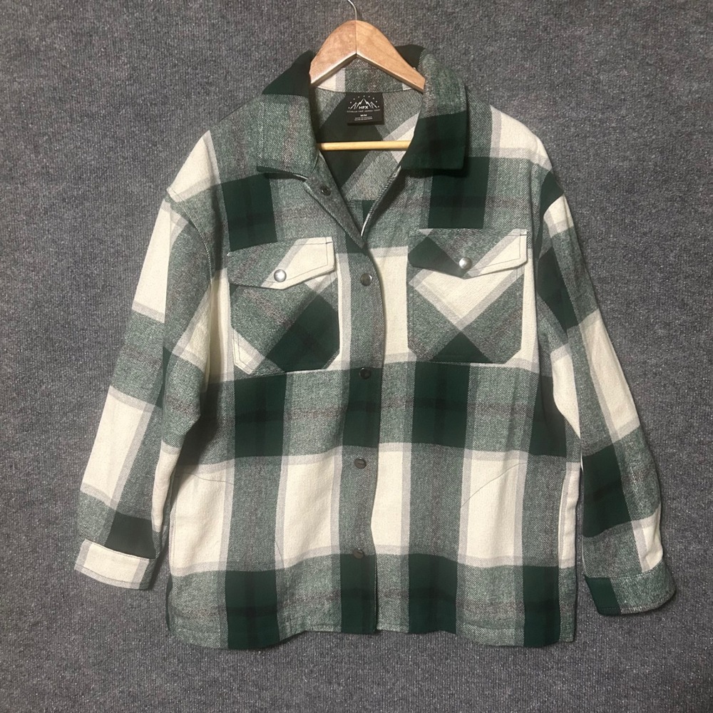 HFX Plaid Shacket Oversized Button Up Flannel Shirt Jacket‎ Green Cream M